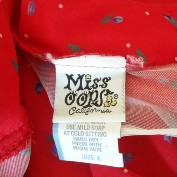 VTG 80's Blouson Waist Dress Red w/ Purple Tulips By Miss Oops California - Picture 6 of 7